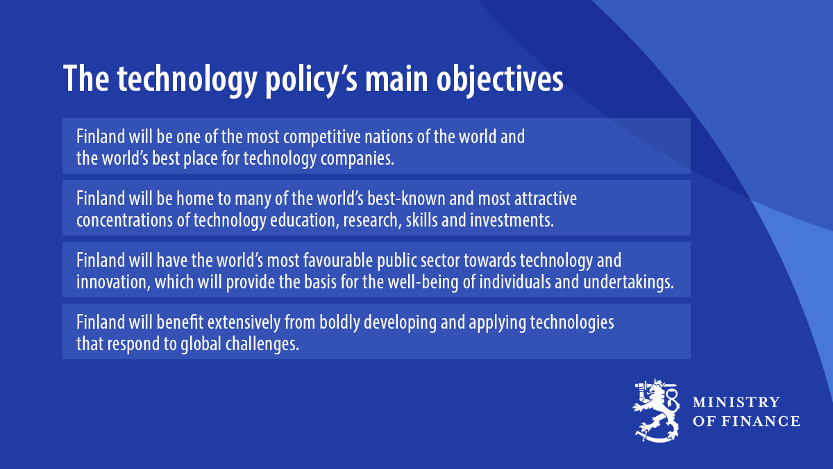 VMuutiset's tweet image. The first ever government resolution on technology policy has been approved in Finland. The Government and ministries together commit to working towards its goals and objectives.

The technology policy will be published in English in April 2022.

#Technologypolicy #Digitalisation