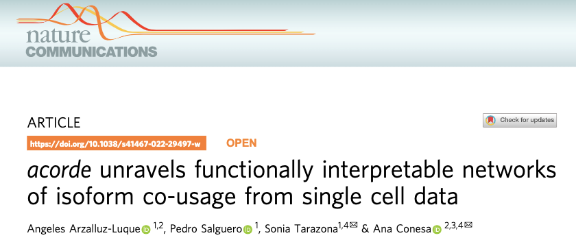 anaconesa's tweet photo. I am thrilled to see this paper by magnificent @aarzalluz_ published today in @NatureComms. Acorde overcomes data sparsity to unravel and interpret isoform co-expression networks from single-cell and long-reads transcriptomics data. #sqanti #tappAS
https://t.co/geA1gZLytm https://t.co/dteScD7DVB