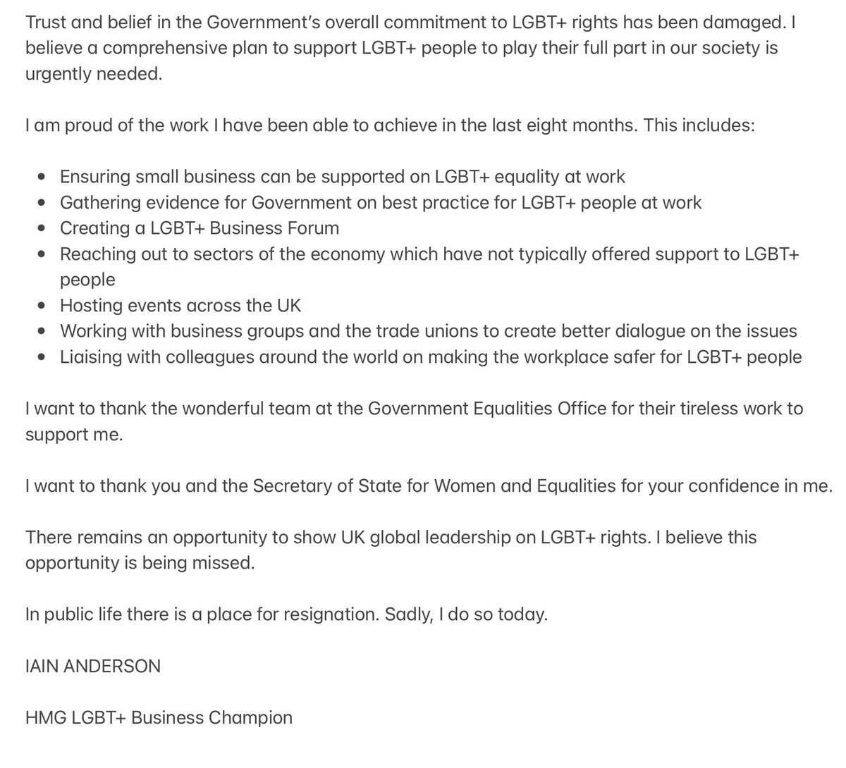 It has been the greatest privilege of my life to be @GEOgovuk #LGBT Business Champion. Sadly today I have resigned from that role. My letter to <a href="/BorisJohnson/">Boris Johnson</a> here 🏳️‍🌈🏳️‍⚧️