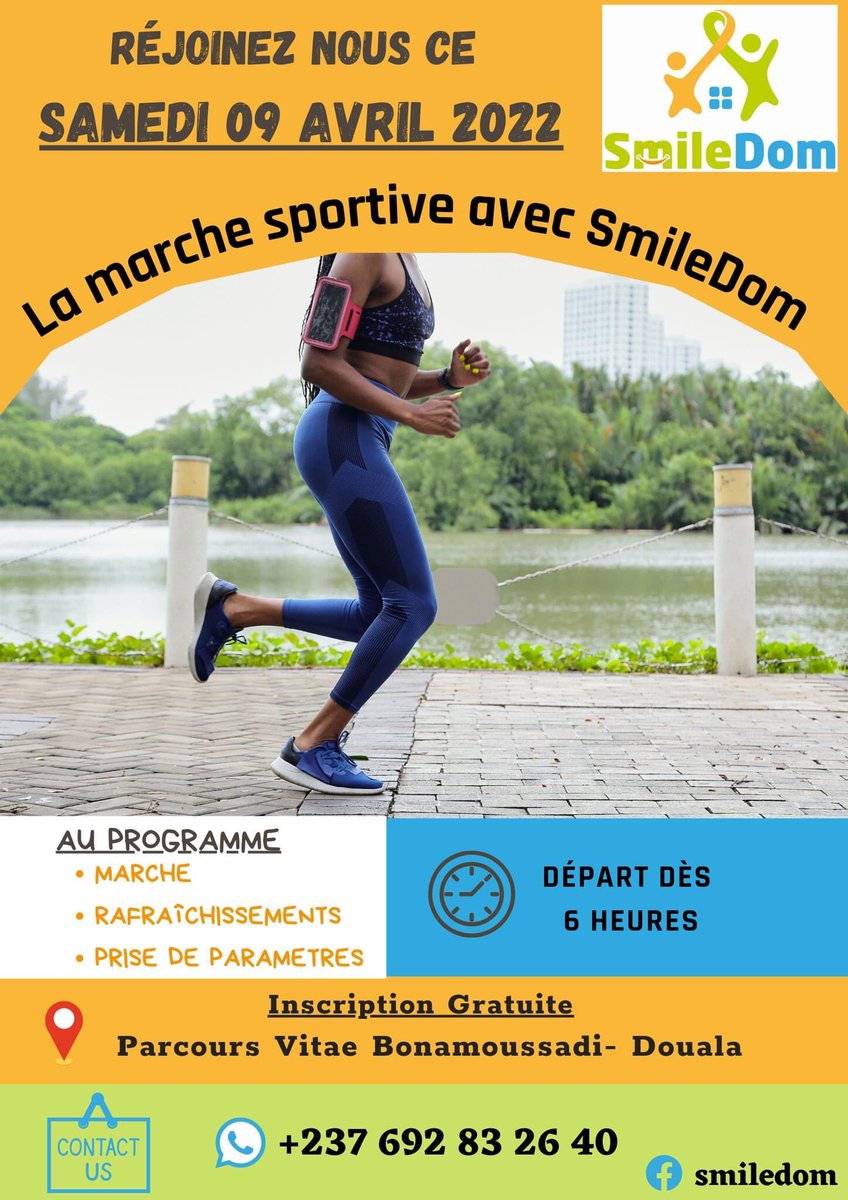 kenfack2_kelly's tweet photo. Hello la grande famille #smiledom !!!
🔊🔊🔊 Retrouvons nous ce samedi 09 Avril au Parcours Vitae de Bonamoussadi pour notre #marche sportive mensuelle 
✍🏼 Les inscriptions sont ouvertes et gratuites au☎️ 692 83 26 40
#bienetreauquotidien 
#medecinepreventive 
#jesmiledom https://t.co/vWAxWF1xwF