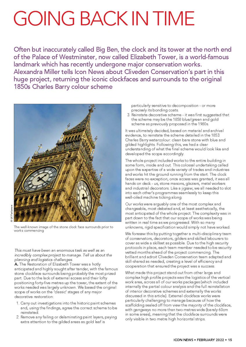 Feb edition @Conservators_UK mag is available online. Includes an interview with our Senior Projects Manager, Alexandra Miller, about returning Elizabeth Tower back to its original 1850’s Charles Barry colour scheme. @UKParliament #RestoringBigBen icon.org.uk/resources/icon…