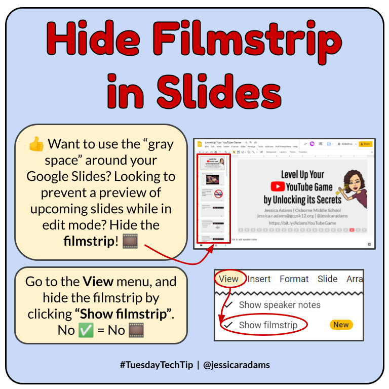⛱ It's Spring Break, so no new #TuesdayTechTip this week. Here's a favorite from the fall in case you missed this one. 😊

👍 Make the most of the extra space in #GoogleSlides by hiding the filmstrip!

#GoogleET <a href="/GoogleForEdu/">Google for Education</a> <a href="/mayyoulee/">May Jue</a>