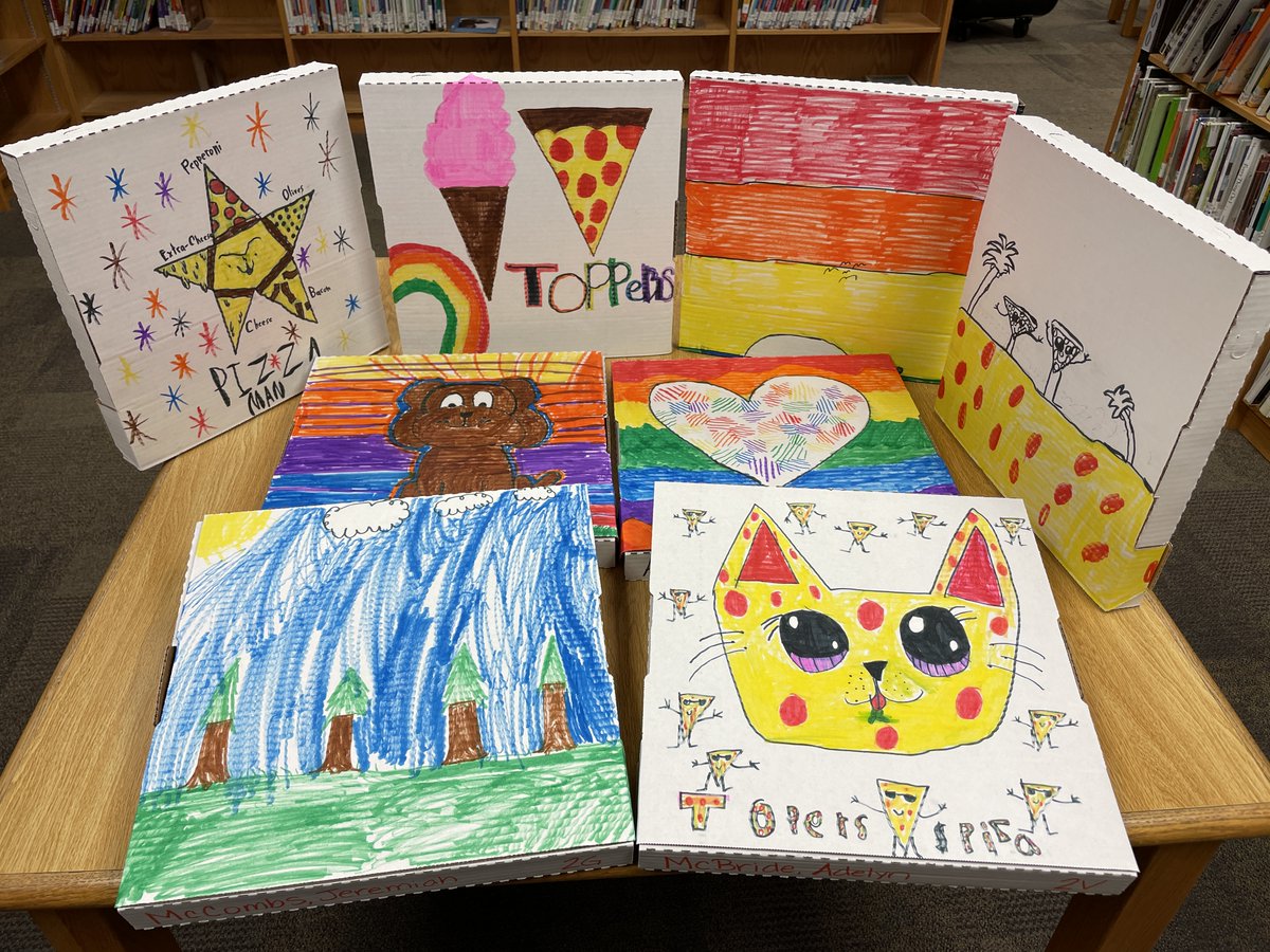 RushtonLibrary's tweet photo. It's Toppers Night! 
Here is a sneak peek of some of the amazing boxes the students created.  Remember to enter your student's class code and color when you order so that you will receive their custom designed pizza box. https://t.co/UE6S3wXsJr