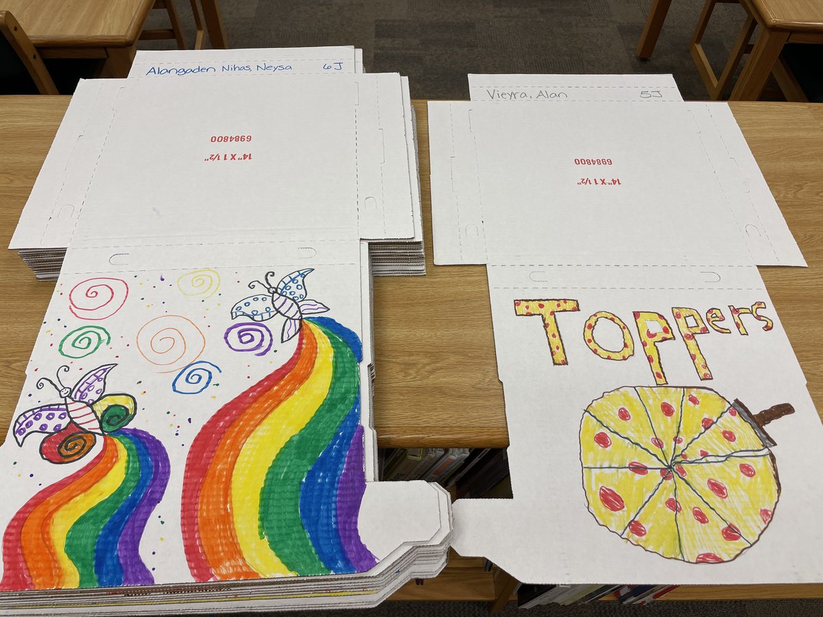 RushtonLibrary's tweet photo. It's Toppers Night! 
Here is a sneak peek of some of the amazing boxes the students created.  Remember to enter your student's class code and color when you order so that you will receive their custom designed pizza box. https://t.co/UE6S3wXsJr