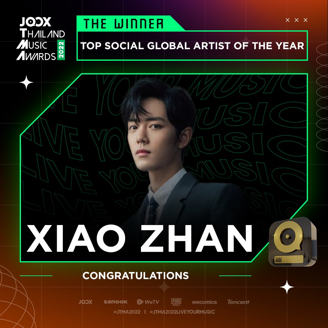 JOOXTH's tweet photo. Congratulations!!! 🎊​
รางวัล Top Social Global Artist of The Year 🏆 ​
Xiao Zhan​
​
ขอแสดงความยินดีกับ “Xiao Zhan” และขอขอบคุณทุกคะแนนเสียงของ “ทุกคน” ที่ร่วมเป็นส่วนหนึ่งของรางวัลทางดนตรีแห่งปีในปีนี้ 💚​
​
#JOOX #JTMA2022LIVE  ​
#JTMA2022LiveYourMusic #JTMA2022xXIAOZHAN https://t.co/I9hO5DfksL