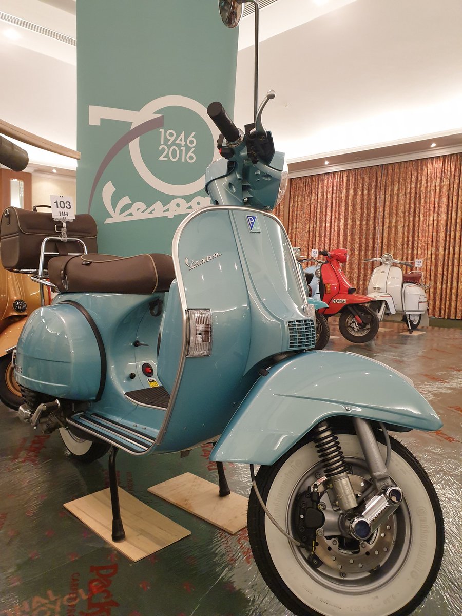 scootersforu's tweet photo. A rare fine 70th Anniversary model #vespa px125 with just 200 miles from new. All ready to be viewed prior to tomorrow's @handhclassics auction at the National Motorcycle Museum https://t.co/v0aGYeNcnD