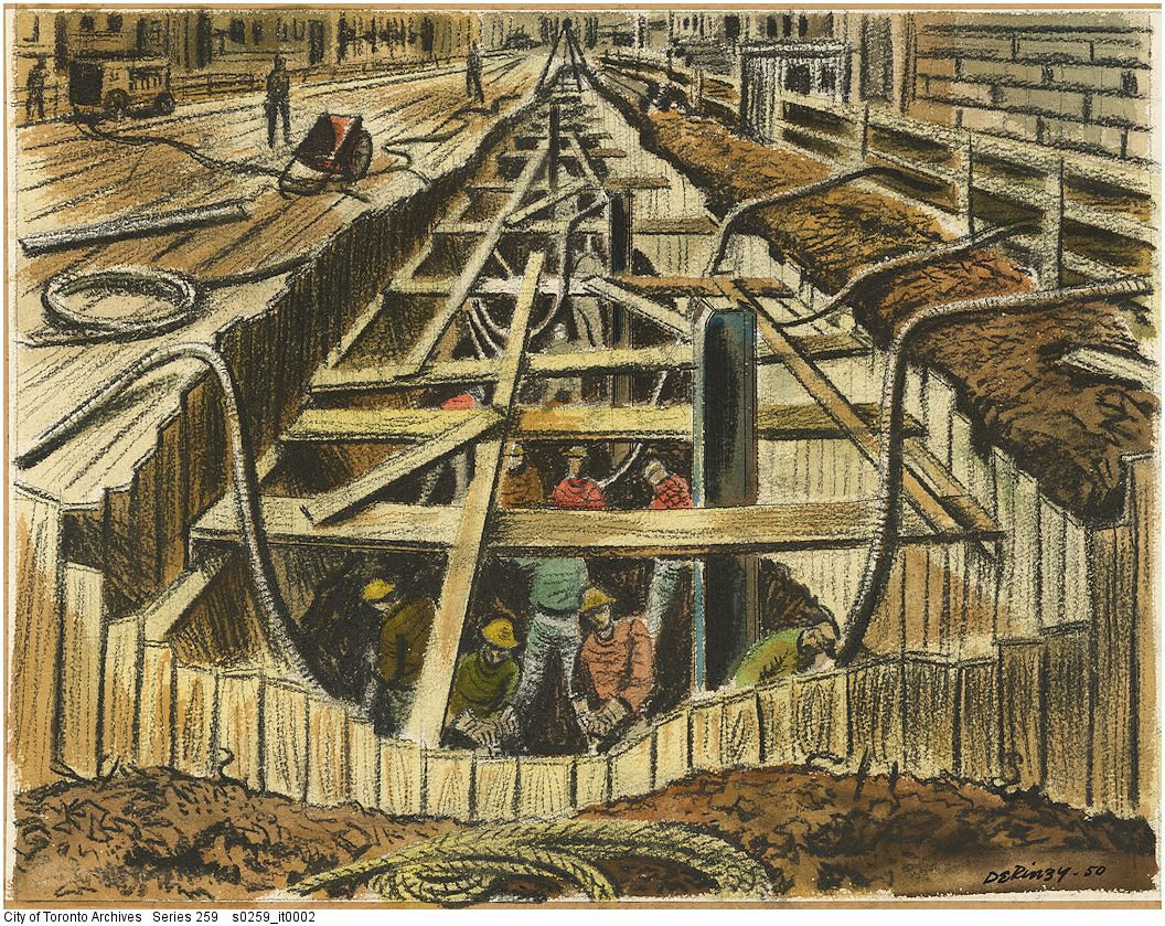 TorontoArchives's tweet photo. In 1950 John DeRinzy made this charcoal and watercolour drawing of the Yonge Street subway line under construction. See more of his art in our online exhibit about the history of the #TTC, or see it live at the Archives, M-F, 9-4: https://t.co/9FEC2YzM9W. #100YearsOfTTC @TTChelps https://t.co/giO09HoJ6d
