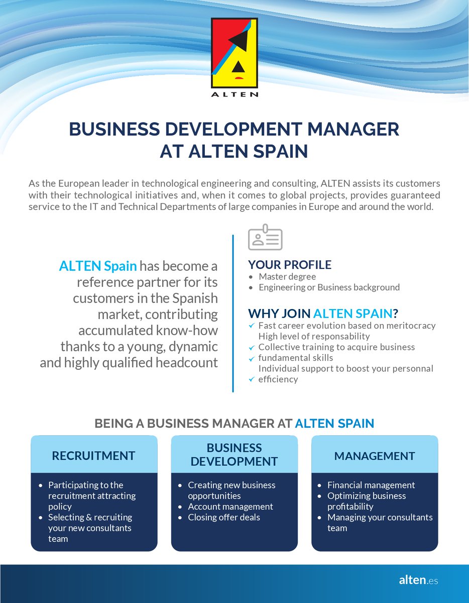 ISE_URJC's tweet photo. La empresa @altenspain busca Ingenieros de Servicios para puesto de Business Development Manager (no es necesario disponer de un título de Máster a los graduados del GCGIS). Mira la oferta en: https://t.co/Te6tNXgMYX #ServiceEngineering #MultidiciplinarBackground https://t.co/zkluYZvOOU