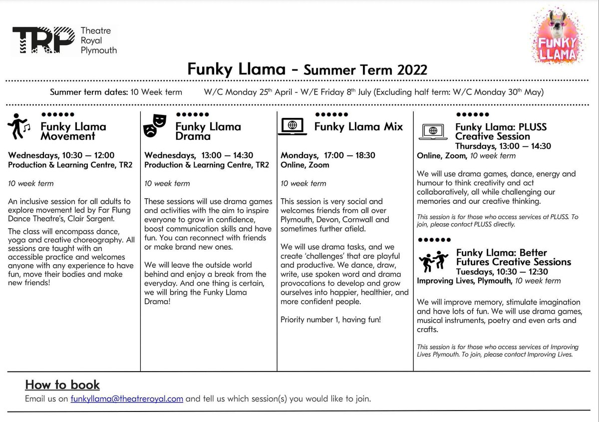 FunkyLlamaTRP's tweet photo. We're back for Summer!🦙🥳
You can now sign up to our FREE Funky Llama Summer Term creative sessions. You can see what we will be getting up to in the timetable below.
Want to sign up? 📧 Email us at funkyllama@theatreroyal.com and tell us which sessions you would like to join! https://t.co/3RAXG0kR1S