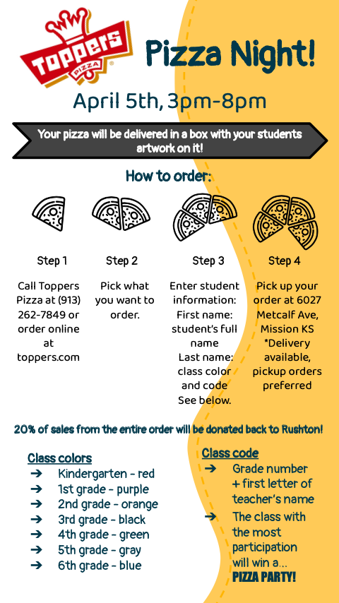 RushtonLibrary's tweet photo. It's Toppers Night! 
Here is a sneak peek of some of the amazing boxes the students created.  Remember to enter your student's class code and color when you order so that you will receive their custom designed pizza box. https://t.co/UE6S3wXsJr