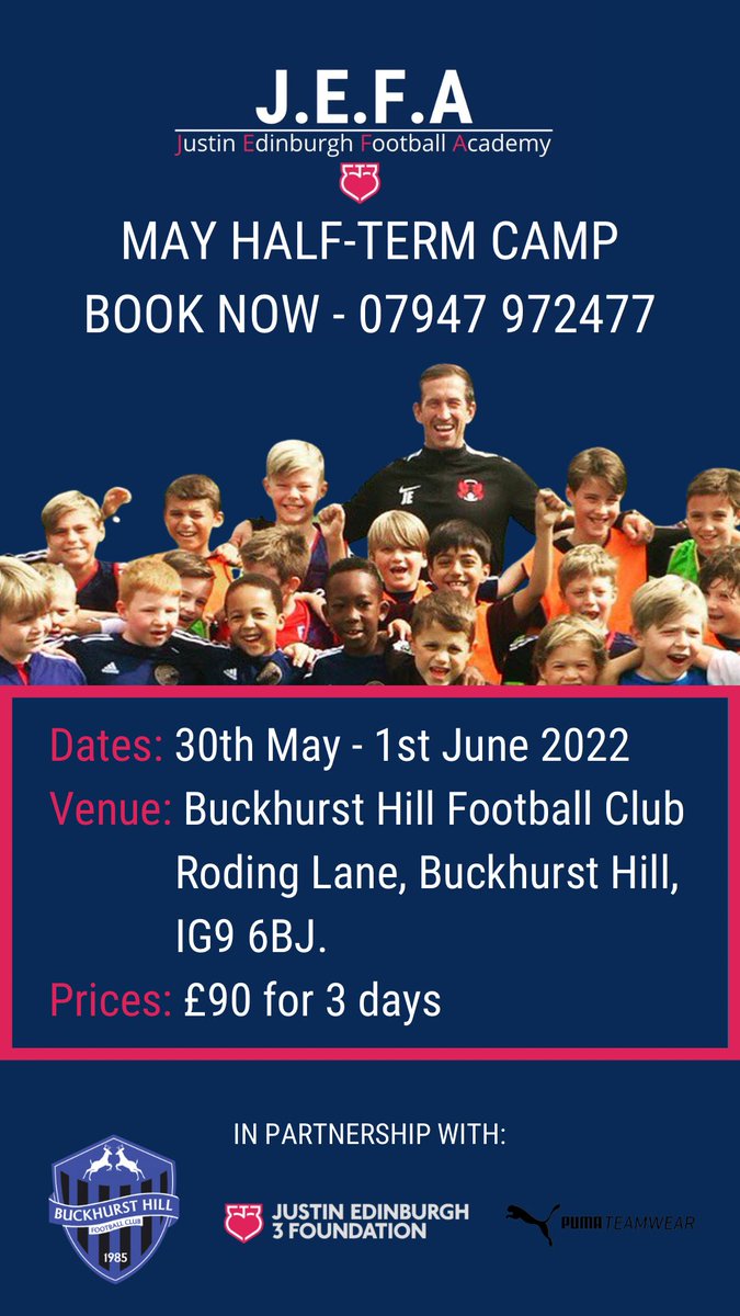 Justin Edinburgh Football Academy (@_jefootballacad) on Twitter photo ππ¨π¨π€ ππ¨π°β¦β½οΈ
Our first <a href="/_JEFootballAcad/">Justin Edinburgh Football Academy</a> will be taking place May half term.
π <a href="/buckhursthillfc/">Buckhurst Hill FC</a>
π 30th May - 1st June 2022
π€ @je3foundation
π· Β£90 for 3 days.
Book - 07947 972 477 ππ¨π¨π€ ππ¨π°β¦β½οΈ
Our first <a href="/_JEFootballAcad/">Justin Edinburgh Football Academy</a> will be taking place May half term.
π <a href="/buckhursthillfc/">Buckhurst Hill FC</a>
π 30th May - 1st June 2022
π€ @je3foundation
π· Β£90 for 3 days.
Book - 07947 972 477
