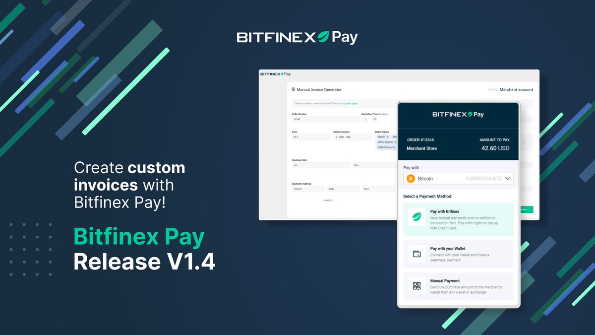bitfinex's tweet photo. 🧾 Merchants can now manually create custom invoices for their customers using Bitfinex Pay!
No technical integration required! 👨💻
Discover the latest updates to #BitfinexPay here ⬇️
https://t.co/m780ws7new https://t.co/BJQPNKSlJg