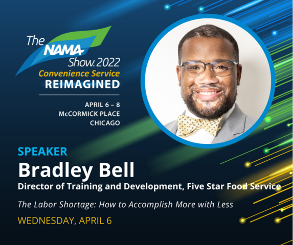 FiveStarFood's tweet photo. Our very own Bradley Bell will be taking the stage Wednesday, April 6th, 9:00am(CT) at #TheNAMAShow to discuss the labor shortage and how your company can accomplish more with less. Show Bradley some love!💙 #leadership #40under40 #laborshortage #professionaldevelopment #vending https://t.co/CM3jughJ0n