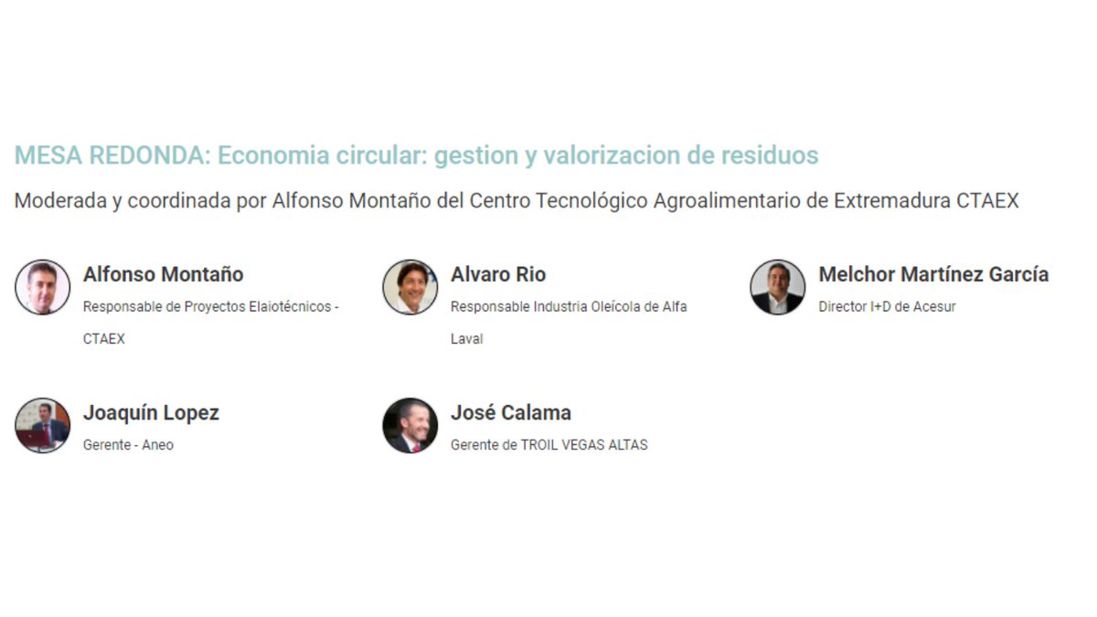Congreso Online de Industria del Aceite de Oliva <a href="/CTAEX_CIT/">CTAEX</a> participa en la MESA REDONDA:  Economía circular, gestión y valorización de residuos, moderada y coordinada por <a href="/alfonsoleologo/">alfonsoleologo</a> dentro del programa #Folive2022 

📅7 abril
⏰11.00h

Más info: folive.vfairs.com/es/