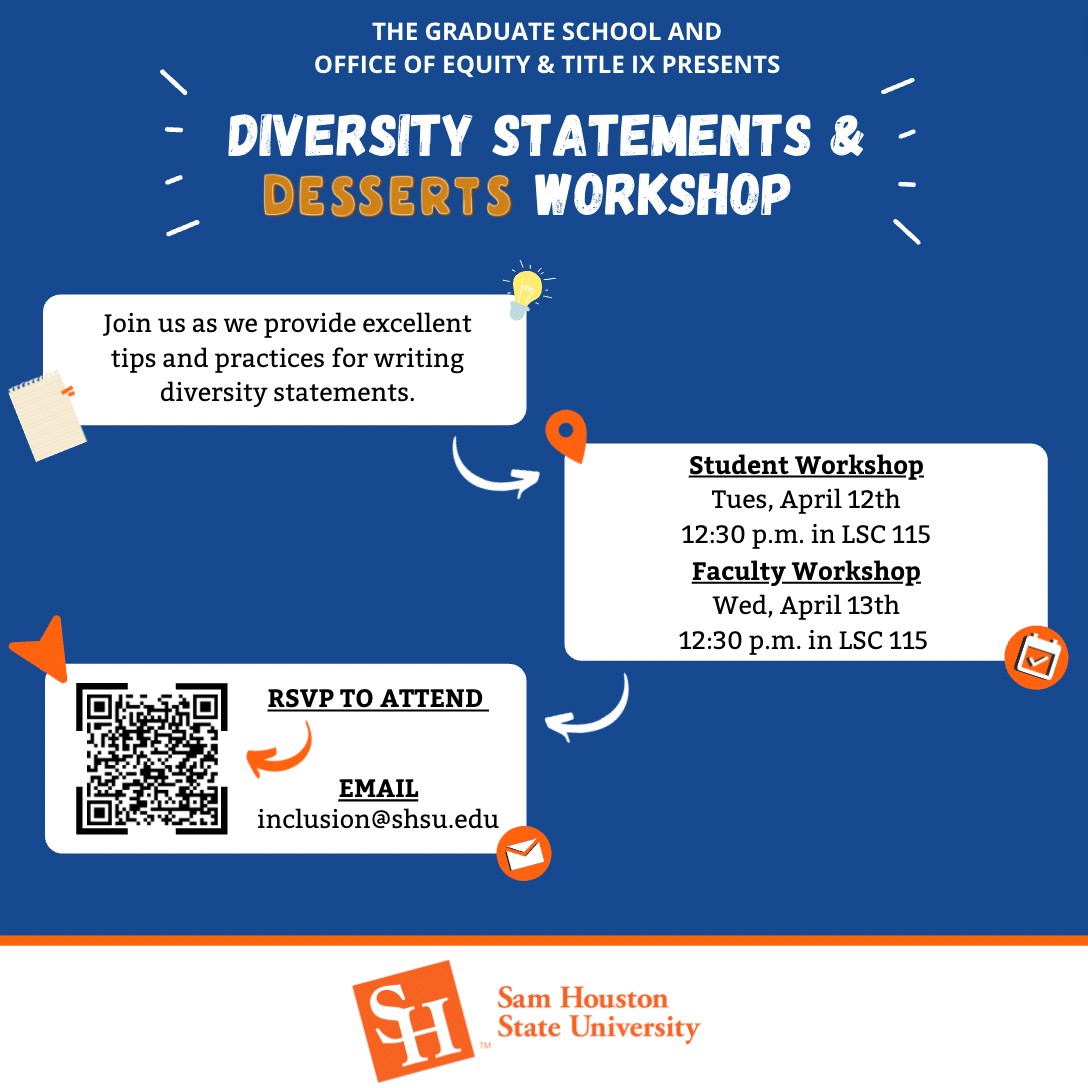 tgps_shsu's tweet photo. 📝DIVERSITY STATEMENTS &amp; DESSERTS WORKSHOPS✏️

Student Workshop
Tuesday, April 12th
12:30pm in LSC 115

Faculty Workshop
Wednesday, April 13th
12:30pm in LSC 115

#TheGraduateSchool #DiversityStatements

RSVP to attend by scanning the QR code or emailing inclusion@shsu.edu https://t.co/lXEa02jBIR