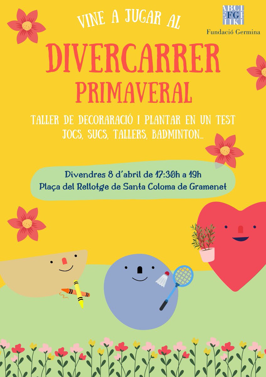 🌸 Benvinguda primavera!!!

👋🏽 volem celebrar l’arribada de la primavera i per això us convidem el divendres 8 d’abril a la Plaça del Rellotge a partir de les 17.30h

🌱 Decoració i plantació en un test, bàdminton, jocs tradicionals…