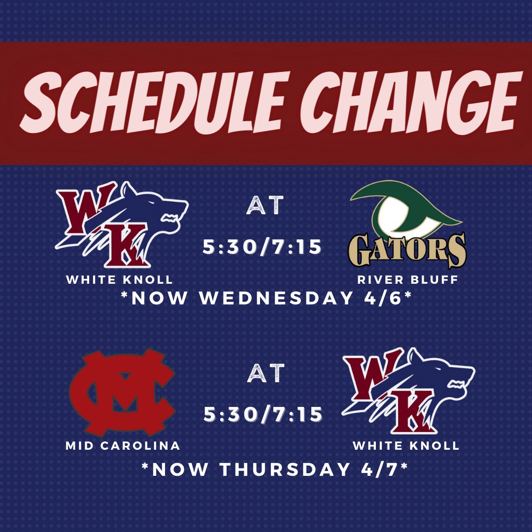WKHSsoftball's tweet photo. 🚨 Some schedule changes have occurred for the remainder of the week! 🚨 https://t.co/9aLJ7lADKv