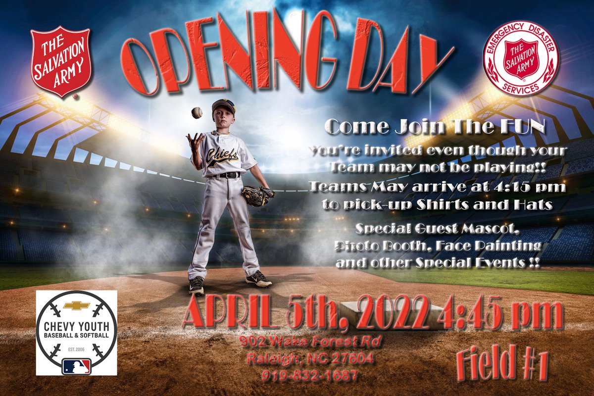WakeCountyArmy's tweet photo. It's opening day! #wakearmy Red Shield Club will host its annual opening day baseball event today beginning at 4:45 p.m., weather permitting. Sal, the @HSSalamanders will be attendance. Free hotdogs and bottled water will be provided as well as a bouncy house and activities. https://t.co/n2UZUbnP66