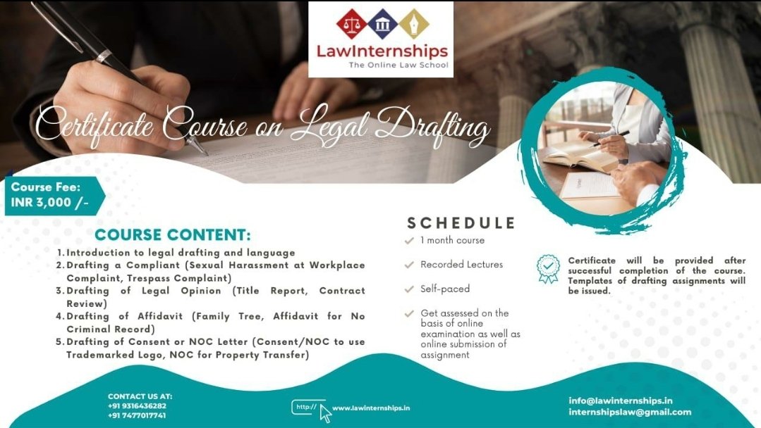 LInternships's tweet photo. #LawInternships, the online law school is providing Legal drafting course for undergraduate and post graduate law students. Join our course to develop #lawskills.
 #lawcourse #legaldrafting #lawyerofinstagram #lawfirm  #draftingcourse
Visit our website, https://t.co/iVrv9tlWEt https://t.co/vyHgkc3UyW