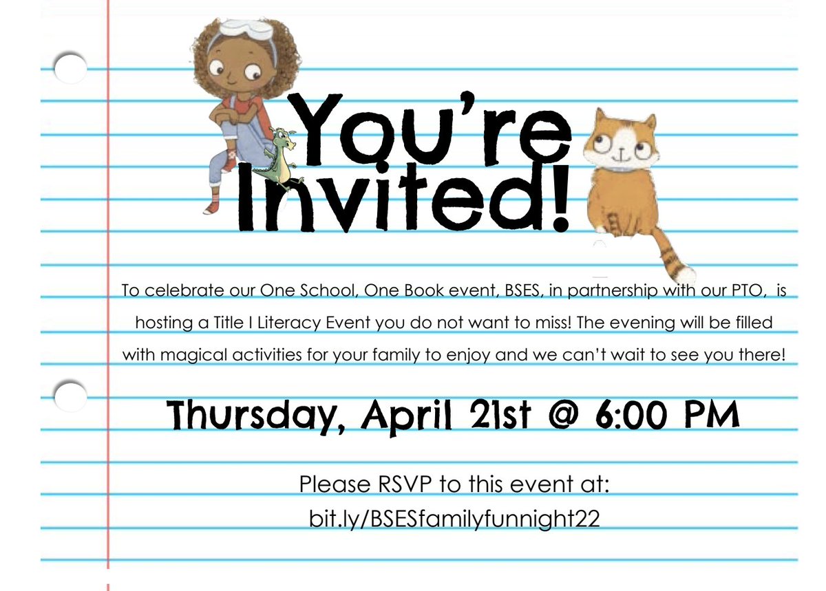 BSES Parents, 
We would love to see all of our BSES Families at our One School, One Book culminating event on April 21st. Sign up to participate by April 8th! #BSESOneSchoolOneBook