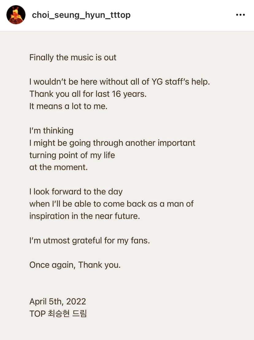 FrankATD_'s tweet image. La traducción de la carta de Choi agradeciendo a sus fans y al staff de YG por sus 16 años.

Oficialmente T.O.P ha salido de YG Entertainment.

Te seguiremos a donde vayas Rey, te amamos 💛

STILL LIFE STILL HERE
#BIGBANG #TOPISBACK #BIGBANG_StillLife @YG_GlobalVIP #빅뱅