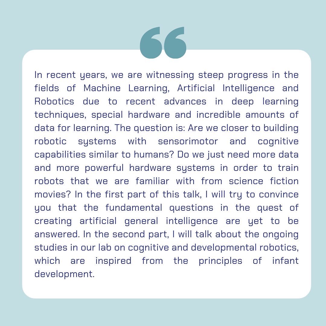 bu_egitim's tweet photo. Bahar Dönemi'nin dördüncü akademik paylaşım toplantısı Dr. Emre Uğur (@emreugur__)’un “Cognitive and Developmental Robot Learning” başlıklı sunusu ile bu Cuma, saat 13:00’te. Sunum dili İngilizcedir. https://t.co/V80hOQWXKe