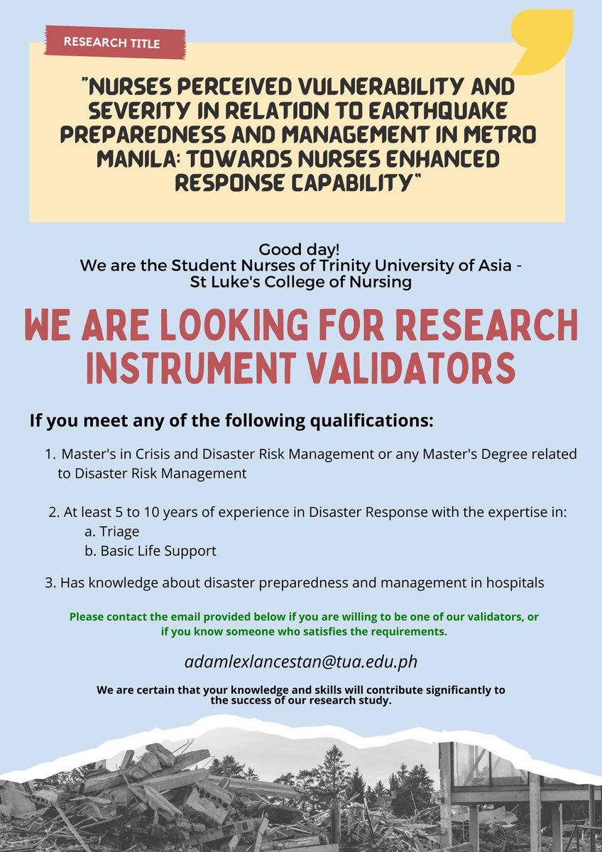 nellard_tng's tweet photo. Good day!

We are Trinity University of Asia-St. Luke's College of Nursing third-year nursing students searching for validators for our research instrument. https://t.co/K8UcVwWpHz