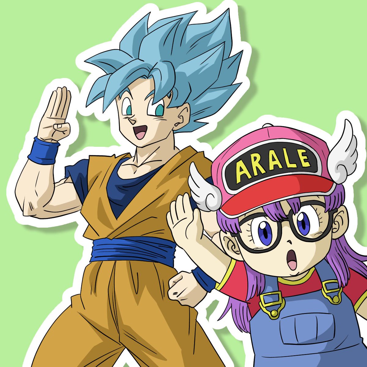 son goku 1girl winged hat 1boy glasses open mouth dougi blue hair  illustration images