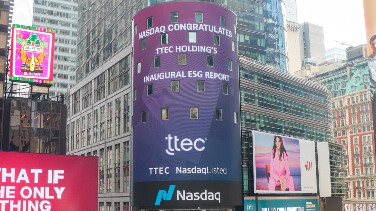 Did you see it? We were in NY Times Square! Thank you <a href="/Nasdaq/">Nasdaq</a> for highlighting this important milestone. | READ THE ESG REPORT
ttec.com/about-us/esg-g… #esg #report