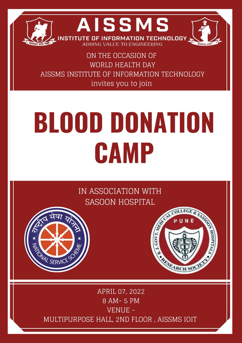 IoitNss's tweet photo. On the occasion of world health day. AISSMS IOIT organizing Blood Donation Camp in association with Sasoon Hospital. 

Be the reason of someone's heart beats strong 

📆 *Date :* 7 April, 2022
⏰ *Time :* 8:00 am- 3:00 pm
📍 *Venue :* 2nd floor, Multipurpose Hall, AISSMS IOIT. https://t.co/oTuiTfdmy6