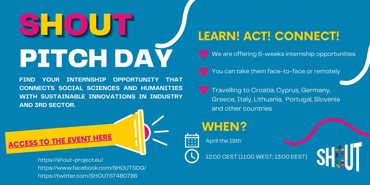 📣 Are you a Social Science and Humanities higher education student? 

SHOUT project is hosting a Pitch Day on internship opportunities just for you.

🤔 Want to know more? 👇