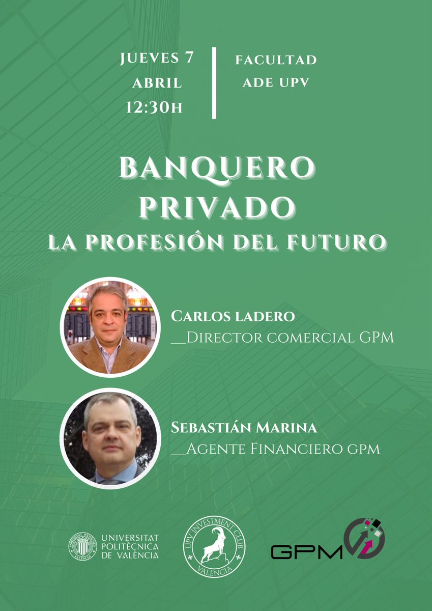 📣 El próximo jueves 7 de abril a las 12:30 @carlosladerogal  y Sebastián Marina compartirán su visión sobre las salidas profesionales en Banca Privada.

🏦Nos aportarán su opinión sobre la concentración bancaria y la formación profesional necesaria.

<a href="/gpmbroker/">GPM</a> <a href="/FinanzasGpm/">Instituto de Finanzas GPM</a>