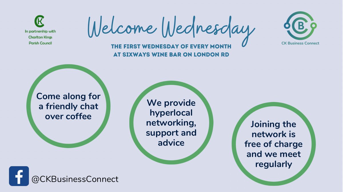 CK__Connect's tweet photo. Our informal "Welcome Wednesday" drop-in meet ups are on the first Wednesday of the month. Come along tomorrow! 👍🏻☕️😊

@SixwaysWineBar, London Road from 10.30am onwards. 

#ckbusinessconnect #shoplocal #charltonkings https://t.co/IYcK8SuBko