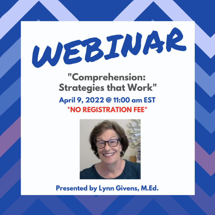Join <a href="/DyslexiaIDA/">International Dyslexia Association</a> for "Comprehension: Strategies that Work" by Lynn Givens, M.Ed. This free webinar will take place on April 9, 2022. Register at bit.ly/3DIY5IP
