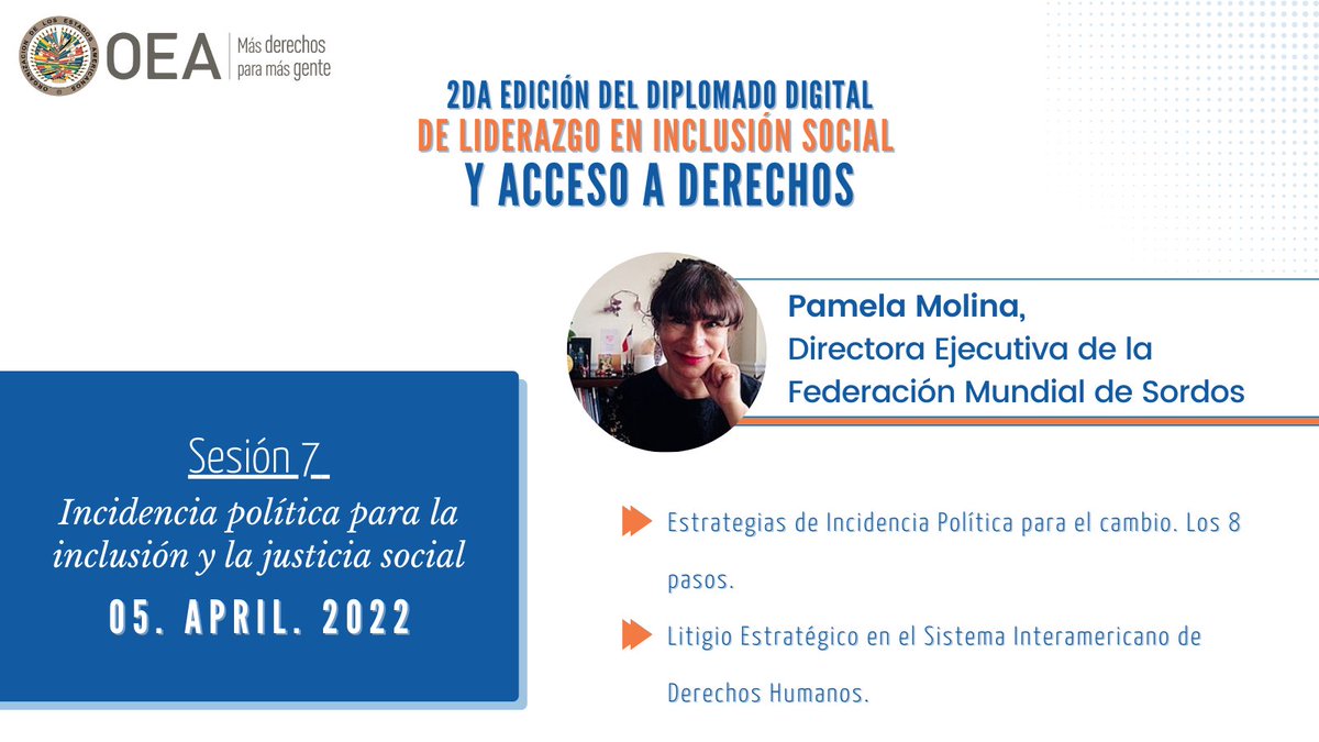OEA_Derechos's tweet photo. Iniciamos la 4ta semana del #DiplomadoDigital con la sesión de nuestra querida colega @PamelaMolinaT sobre Incidencia Política: 

📌Estrategias de Incidencia Política para el cambio. Los 8 pasos.
📌Litigio Estratégico en el Sistema Interamericano de #DerechosHumanos. https://t.co/Vv9r9vvTaU