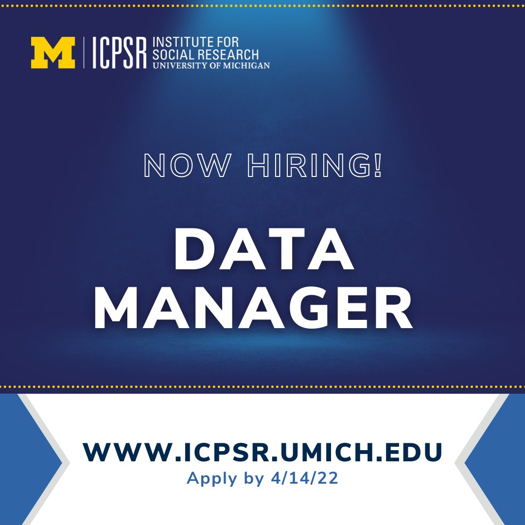 ICPSR's tweet photo. We're looking for a Data Manager! You'll help enhance the usability of a study on tobacco use behavior, attitudes and beliefs, and tobacco-related health outcomes. Learn more and apply by 4/14: https://t.co/zAoTPStTRP
#Hiring #NowHiring #WorkHere #DataJobs https://t.co/JKblfanWKB