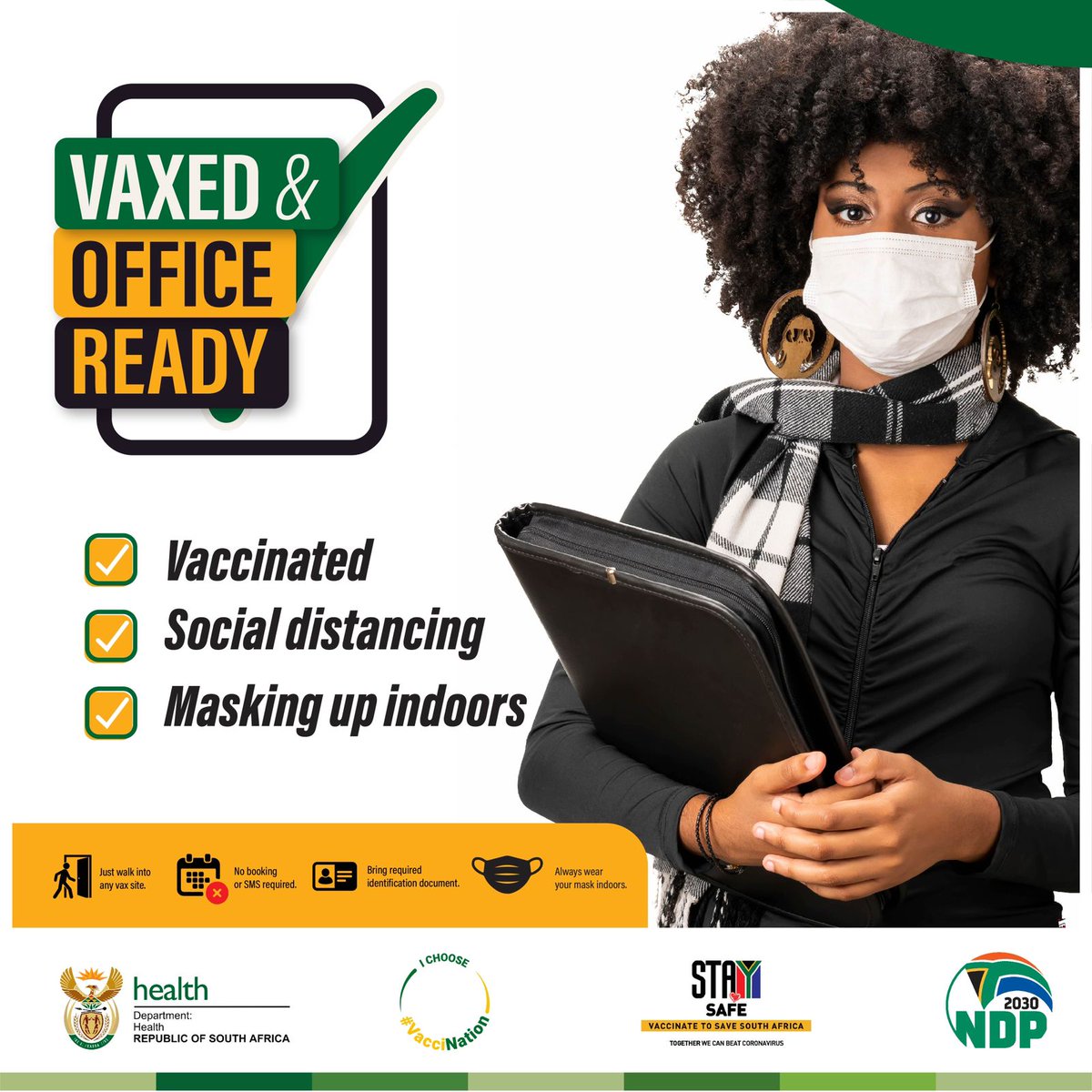 HealthZA's tweet photo. Be ready to go back to your office. Vaccinate, wear your mask indoors and always keep the distance, avoid indoor crowded spaces with poor ventilation #COVID19 https://t.co/P4VUAwCuZB