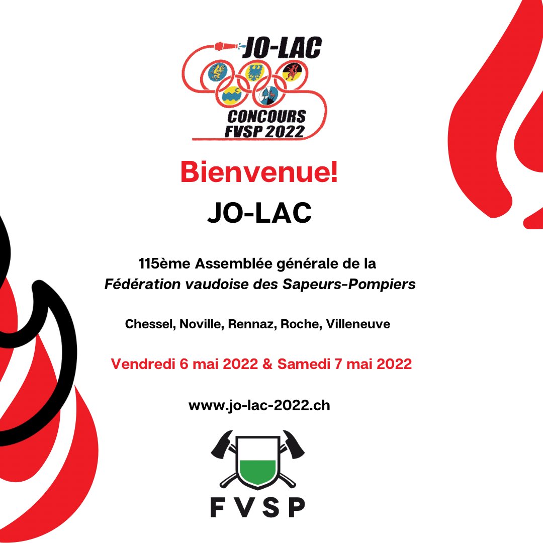 FVSP1's tweet photo. 👩🏻🚒 JO-LAC 👨🏻🚒
115ème Assemblée générale de la Fédération vaudoise des Sapeurs-Pompiers
Chessel, Noville, Rennaz, Roche, Villeneuve | Ve 6 mai 2022 & Sa 7 mai 2022
+d’info 👉🏼 https://t.co/RJutrZSLVj
#sapeurpompier #jolac #fvsp #jsp #concours #vaud #sapeurspompiersvaudoise #sdis https://t.co/CjY5iVp7tj