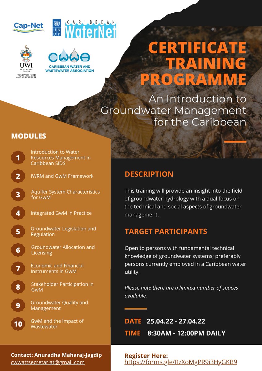 cwwa_caribbean's tweet photo. Sign Up today!
The Cap-Net UNDP/Caribbean WaterNet in collaboration with the CWWA is hosting a 3- day training on Ground Water Management.
#caribbeanwaternet #caribbean #groundwater #groundwatertreatment #water #undp #groundwatertraining #training #onlinecourse #onlinetraining https://t.co/pCTHD7wITE