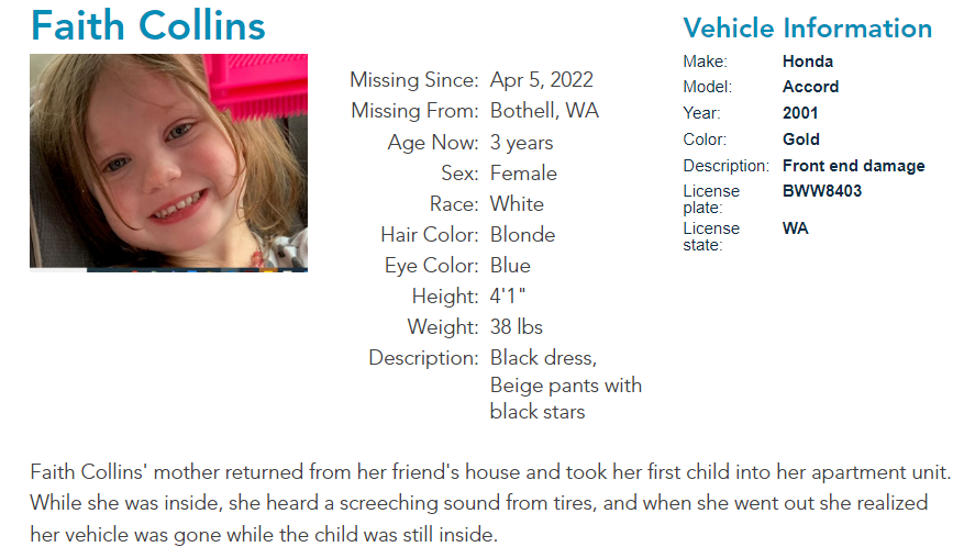SleuthieGoosie's tweet photo. #AMBERALERT out of Washington - 3 year old Faith Collins 
#FindFaith https://t.co/8tjcAqbEHG