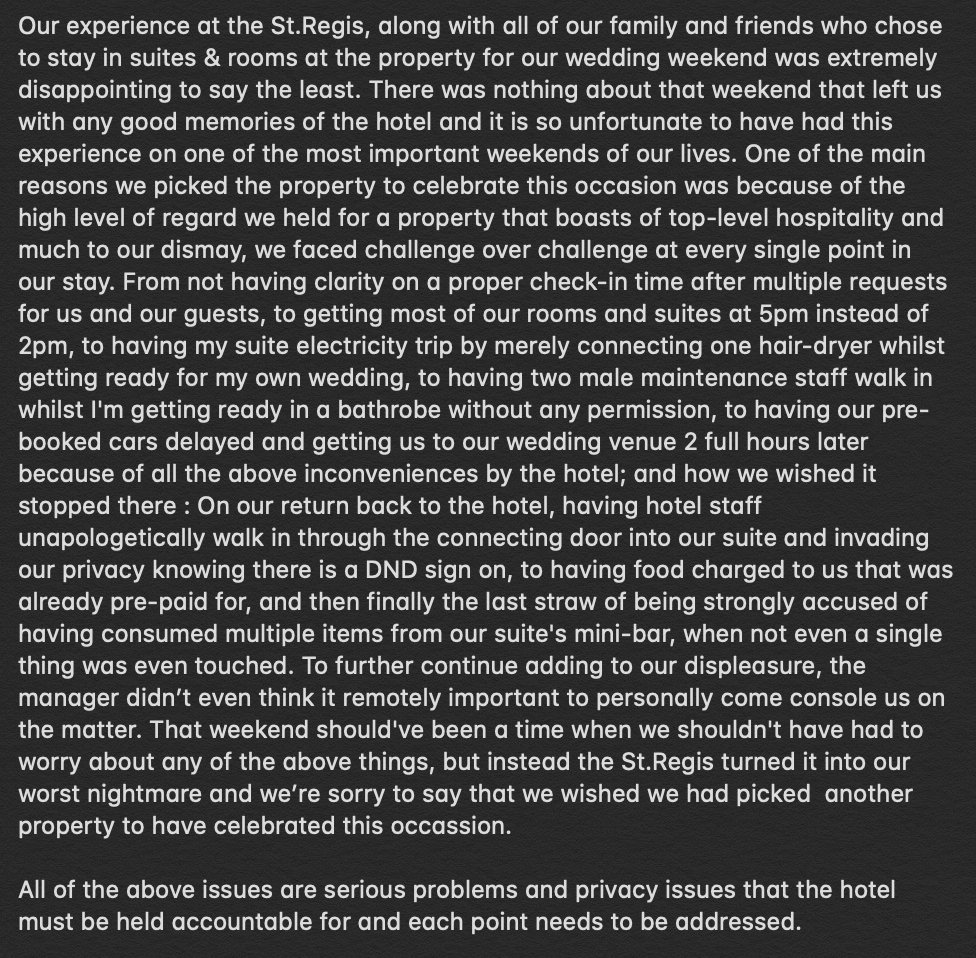 Horrible experience at <a href="/stregismumbai/">The St. Regis Mumbai</a> <a href="/stregishotels/">St. Regis Hotels</a> on my wedding day! <a href="/mid_day/">Mid Day</a>  <a href="/TOIIndiaNews/">TOI India</a>  <a href="/TOIMumbai/">TOI Mumbai</a> <a href="/agoda/">agoda</a> 😡 

<a href="/varun_sms/">Varun Parikh</a> <a href="/Pranay718/">Pranay</a> <a href="/fighThesunrise/">Avinash Mansukhani</a> <a href="/ArjunS1ngh/">Arjun</a> <a href="/p_sawhney/">Priyanka</a> <a href="/suhasini91/">Suhasini Rajpal</a> <a href="/achal_mehta/">Achal Mehta</a> <a href="/OjasRajani/">ojas rajani</a> <a href="/KarishmaParkash/">Karishma Suri</a>