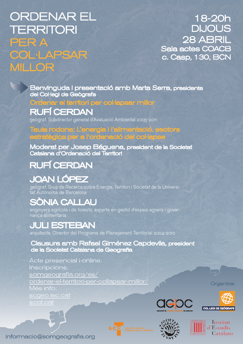 colegeocat's tweet photo. #periple | Vine al proper acte "Ordenar el territori per a col·lapsar millor" @SCGeografia @iec @Territori
🗓️ Dijous 28 abril
⏰ 18-20 hores
📍Sala actes COACB, c. Casp, 130, BCN i també online
👉🏼+ info: https://t.co/gH2VDKgdI1 https://t.co/wPH5kAcMkT