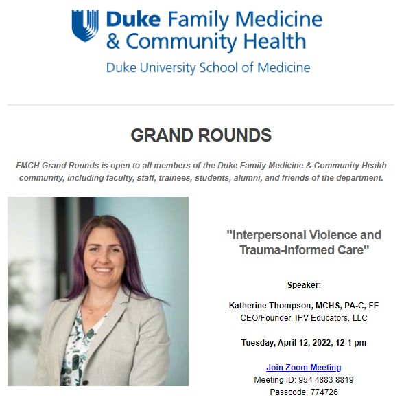JanelleRBlu's tweet photo. Proud &amp; excited to host the next @Duke_FamMed Grand Rounds on a topic important for *all* clinicians

☑️Interpersonal Violence &amp; Trauma-Informed Care
☑️April 12 noon EST
☑️Presented by @IPVEducators

Open to all &amp; CME available

More info &amp; link to join: https://t.co/wlXfzFK5di https://t.co/H5gpD88PmD