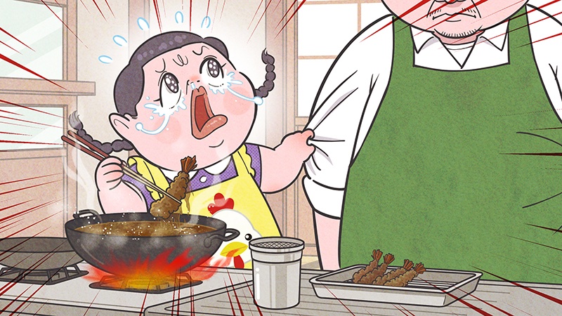 一ヶ月同じ油を使う父に止めるよう懇願するマツコさんのイラスト。ラフ段階ではお父さんが天ぷら揚げてます。唐揚げも冷凍食品も美味しそう   
#マツコの知らない世界  #からあげ 