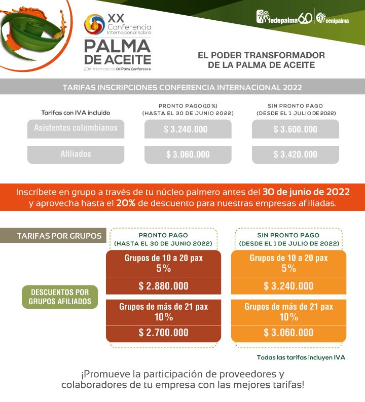 Invitamso a los Núcleos y plantaciones a aprovechar los beneficios de registro por grupos a la Conferencia Internacional, para que se animen a promover la participación de sus proveedores y colaboradores para que accedan a las mejores tarifas. 🌴👉🏻👇bit.ly/3Ccdoce