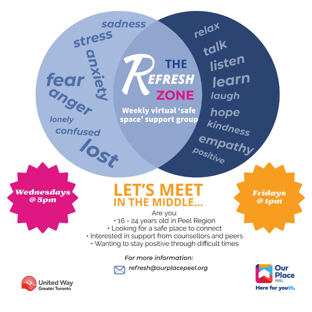 OurPlacePeel's tweet photo. Get in The Refresh Zone! Youth in Peel can come together to discuss current issues and concerns impacting them. Please reach out if you would like to join our next group!
#refresh #refreshzone https://t.co/Y0NH6BgGwW
