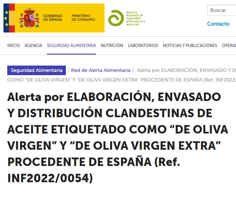 AESAN_gob_es's tweet image. ⚠️Alerta por elaboración, envasado y distribución clandestinas de aceite etiquetado como "oliva virgen" y "oliva virgen extra". Ver detalles de los productos implicados 🔽

🚫No consumir

📌bit.ly/3r3joj9
