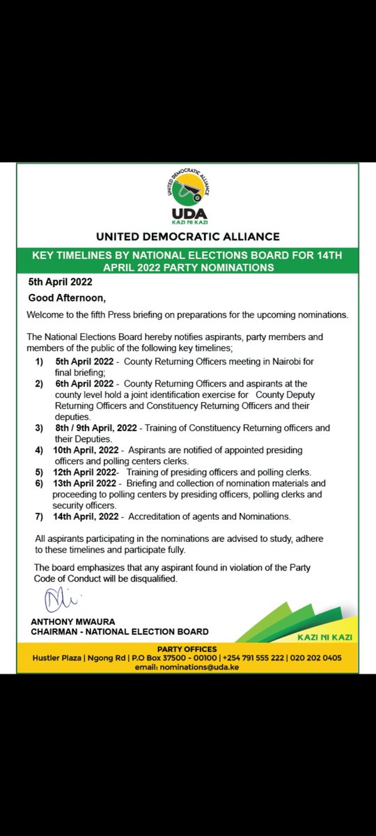 Statement on Key timelines by NEB for 14th April 2022 party nominations.