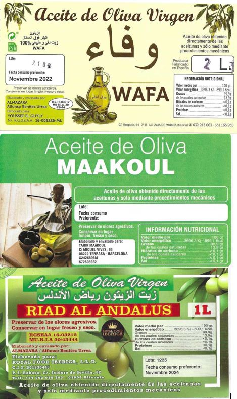 AESAN_gob_es's tweet image. ⚠️Alerta por elaboración, envasado y distribución clandestinas de aceite etiquetado como "oliva virgen" y "oliva virgen extra". Ver detalles de los productos implicados 🔽

🚫No consumir

📌bit.ly/3r3joj9