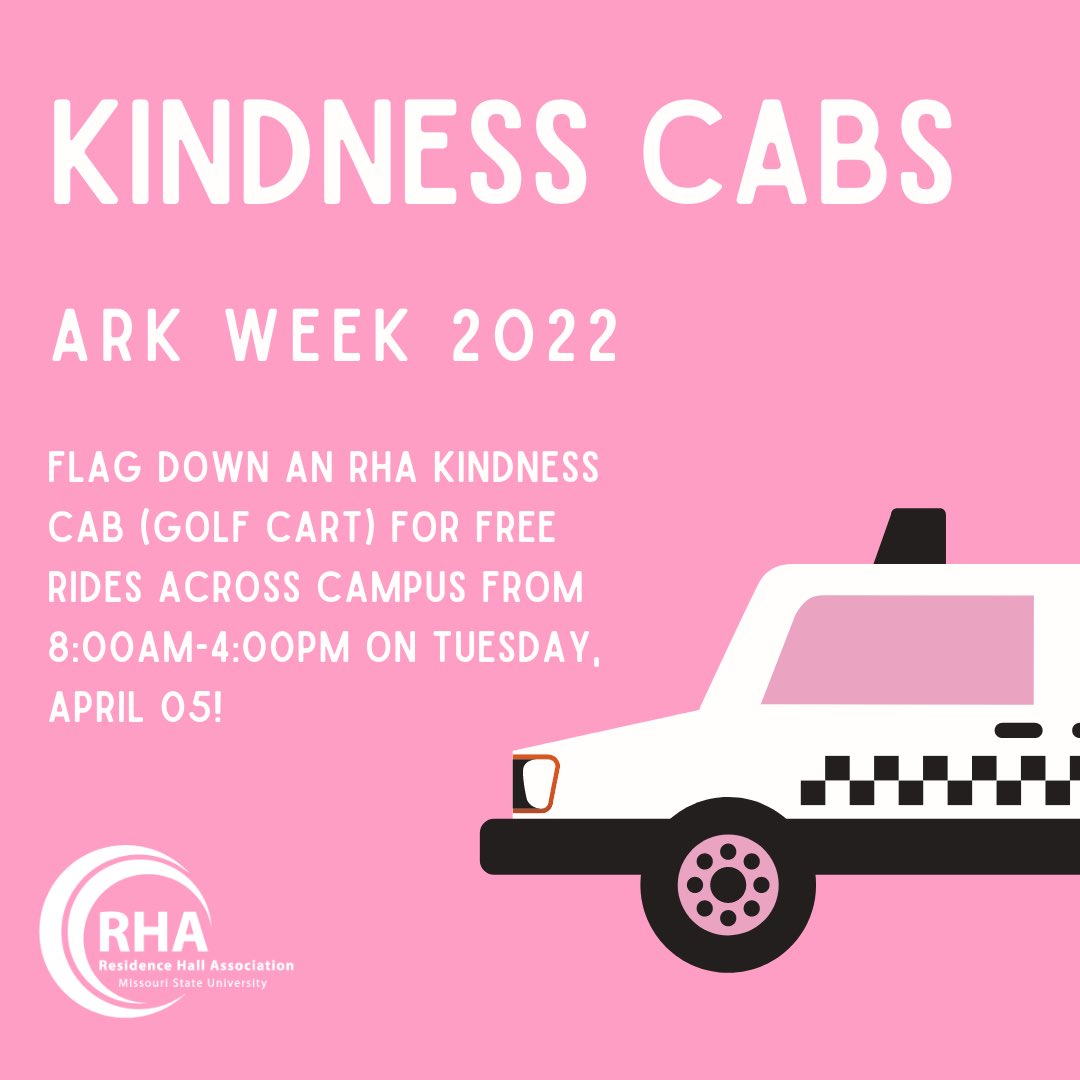 MoStateRHA's tweet image. It’s KINDNESS CAB DAY!!! If you see a RHA member or exec driving around campus on golf karts make sure to stop one for a ride to anywhere on campus!
